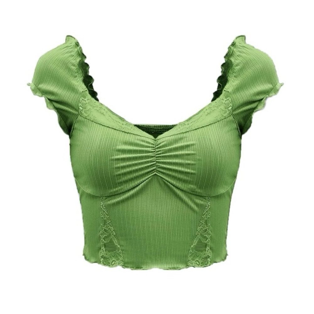 Shein Green Crop Top Lace Ruched Front Puff Sleeve Girly Fairycore Festival Sz S